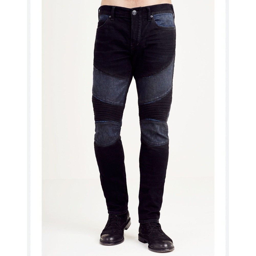 True Religion Mens 40x33 Rocco Relaxed Skinny blue black Moto Denim Jeans